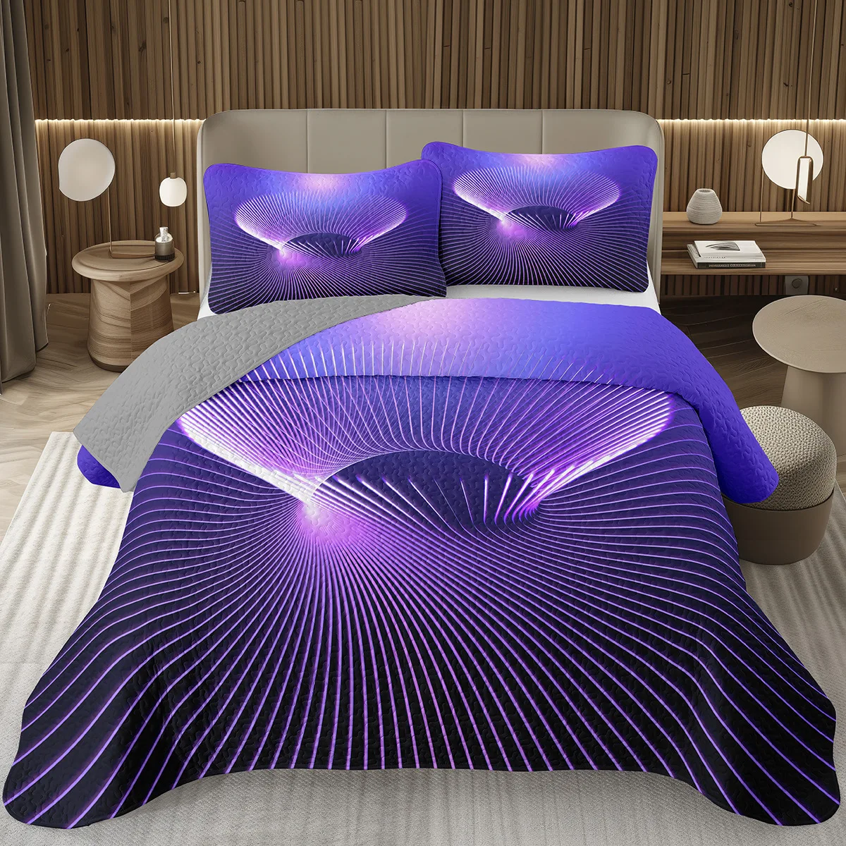 

Abstract Geometry Bedspread Full King 3D Purple Hole Print Quilted Bedding Set Modern Geometric Swirl Coverlet Set For Girl Teen