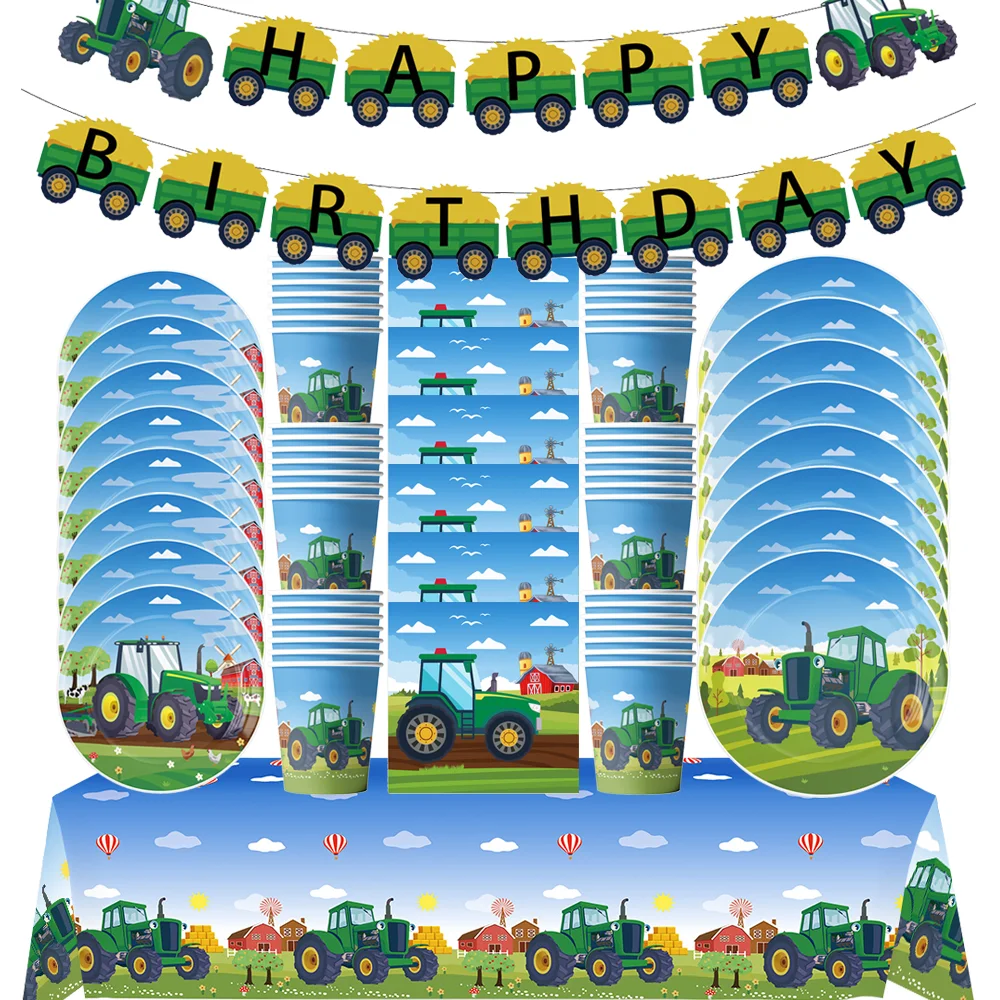 

Farm Green Tractor Birthday Party Decoration Disposable Tableware Cups Plates Tablecloth Balloons Green Tractor Party Supplies