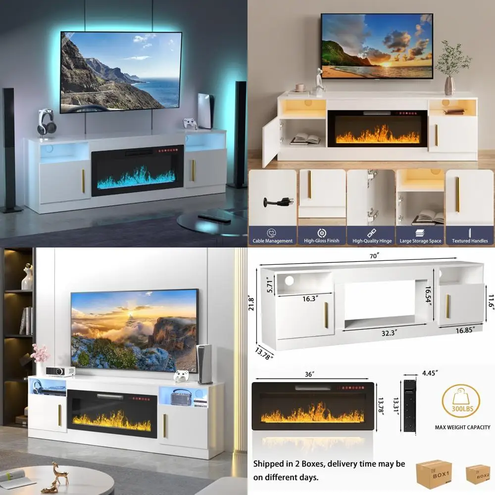 Suporte de TV com lareira elétrica de 70 polegadas para sala de estar - centro de entretenimento LED branco com inserção de lareira de 36 polegadas