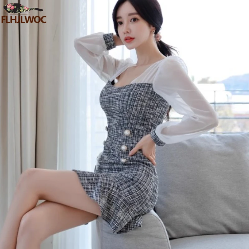 Office Lady Shirt Dresses Double-Breasted Button New Year 2024 Women Chic Fashion Korea Design Patchwork Ruffles Mini Dress