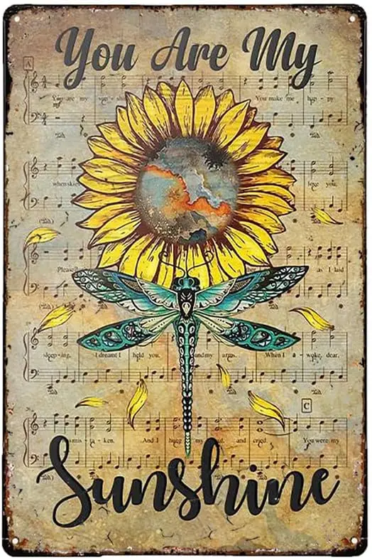 Licpact Dragonfli Garden Decor Metal Signs Sunflower Dragonfly Wall Art Metal Poster Living Room Garden Bedroom Office Hotel Caf