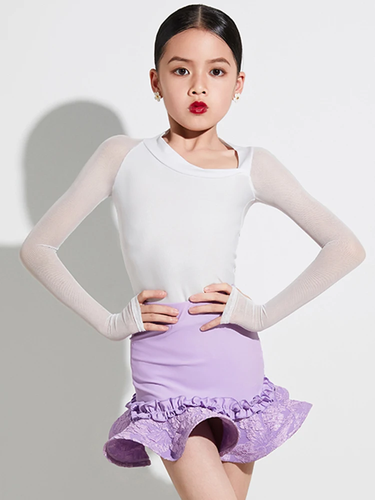 2023 Kids Latin Dance Clothes For Girls Long Sleeves Tops Skirt Practice Suit Cha Cha Rumba Performance Costume Dress DNV17853