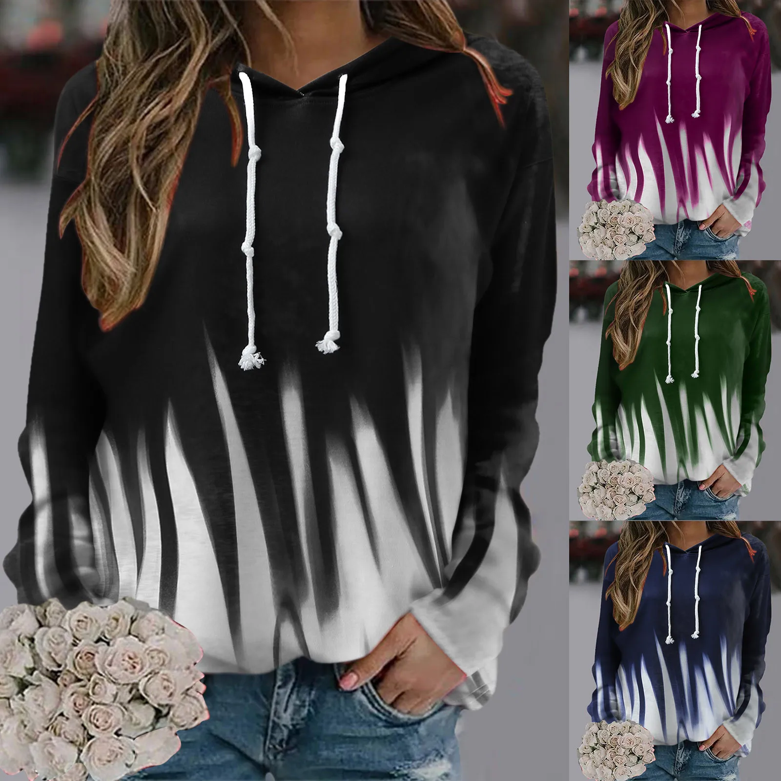 Loose Casual Tie Dye Hooded Pullover Round Neck Women's Sweater Drawstring Oversized Hoodie Zip Up hoodies