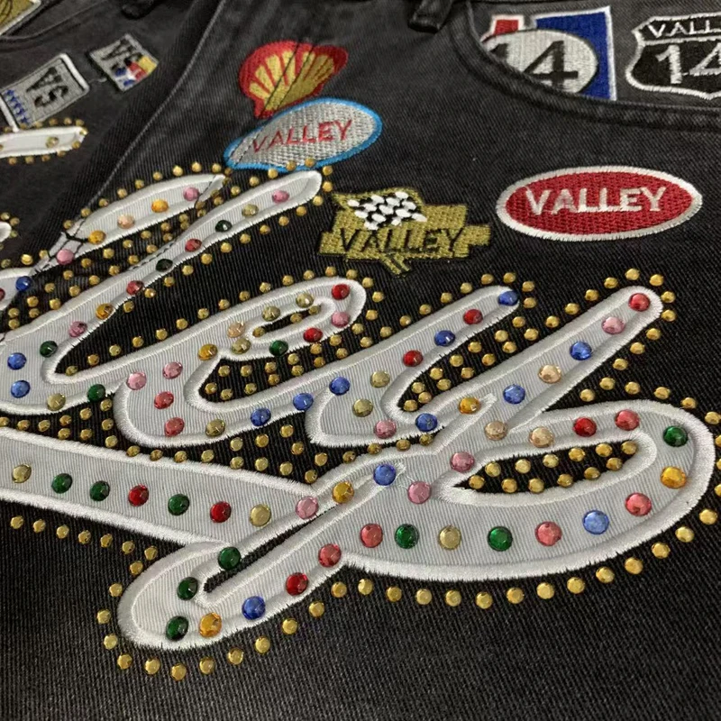 New Y2K Colorful Rhinestone VALLEY Embroidery Patch Label Denim Shorts Jorts Men Women High Quality Loose Straight Short Jeans view 5