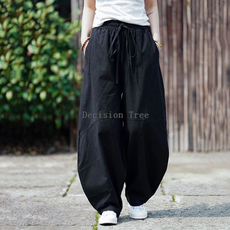 2025 casual trendy linen men's wushu pants vintage big size loose wide leg lentern pants breathable comfortable tai chi trousers