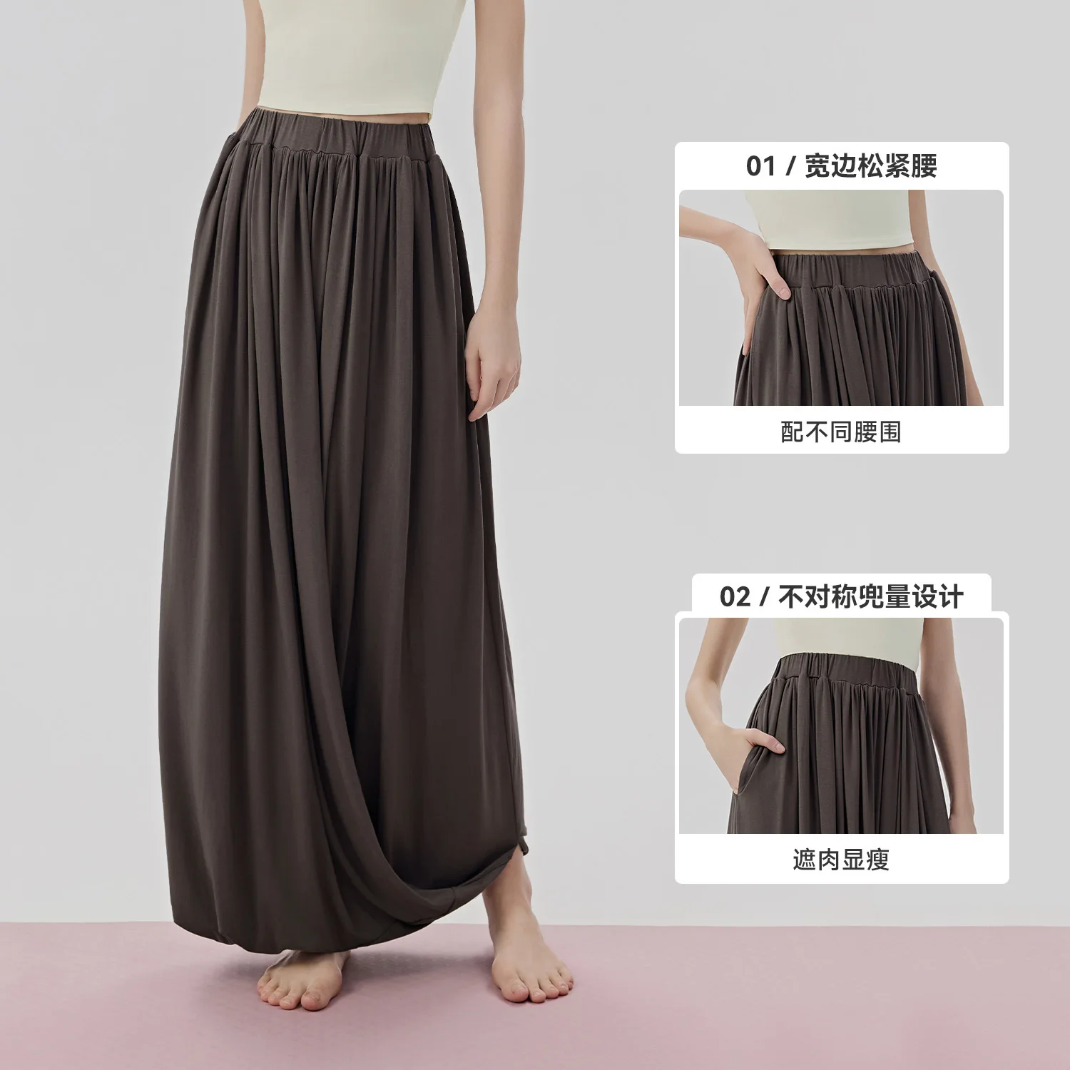 Women's Casual Sports Pants Double Layered Knot Half Body Skirt Elastic Slimming Skirt Pants with Pockets