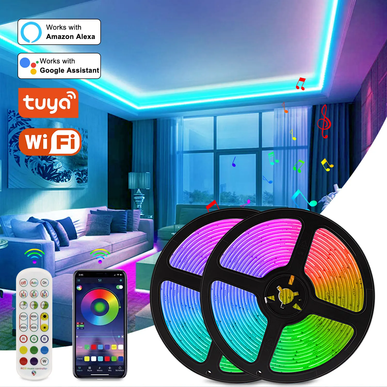 Taśma RGB Tuya WiFi Smart LED Strip DC 12V 5050 Ribbon Work with Alexa Voice Control Color Change Bedroom Decoration 5m 20m Light