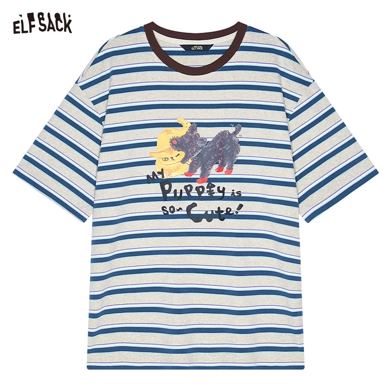 ELFSACK 2025 Summer New Arrivals Striped Printed Short Sleeve Casual T-Shirt For Women