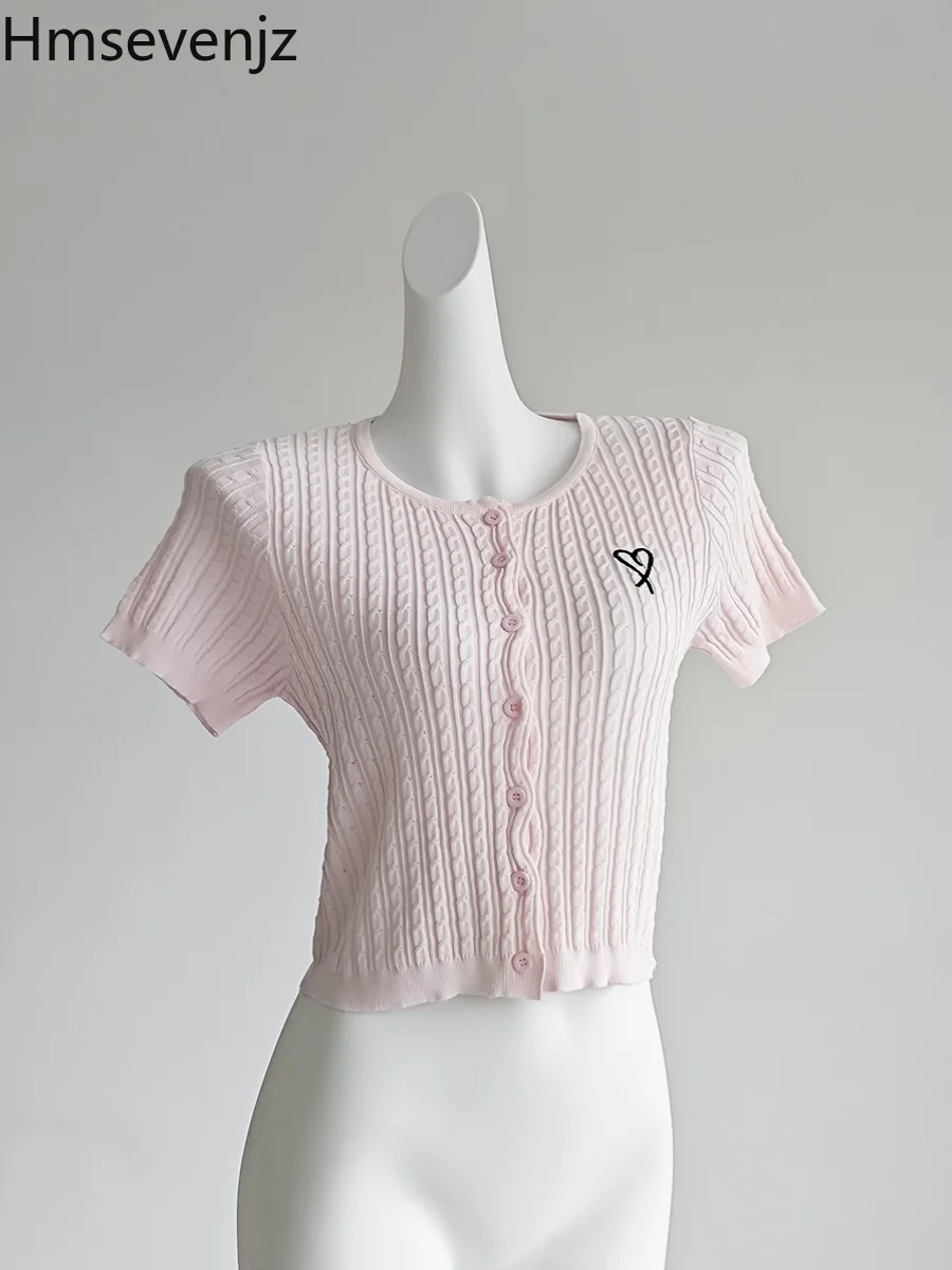 

Hmsevenjz Embroidery Pink Short-sleeved T-Shirt Women's Summer O-neck Knitted Slim Fit Short Top Fashion Female Clothes