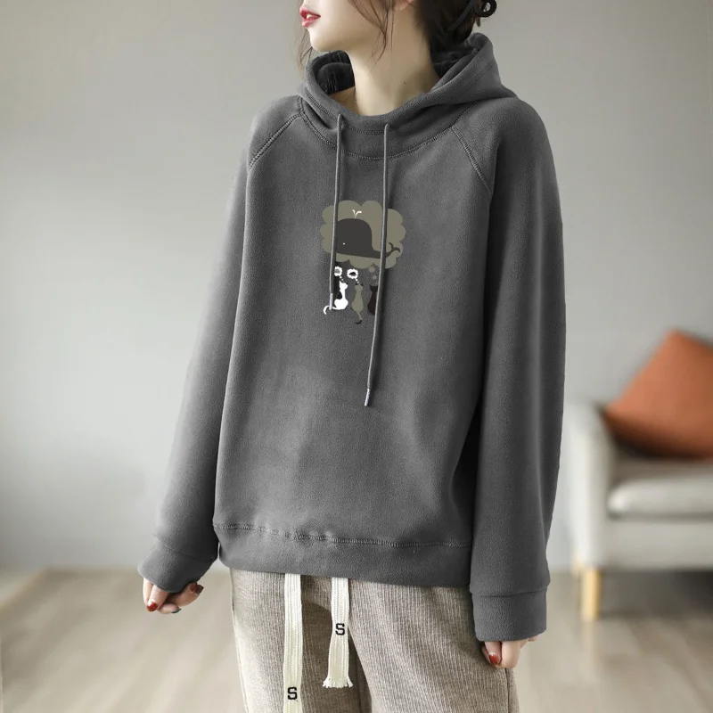 

Winter New Double-sided German Velvet Loose Sweatshirt Women's Warm Hooded Artistic Fleece Top Winter
