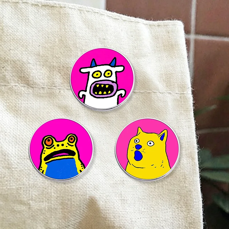 Cartoon Meme Animal UV Printing Pin Funny Graffiti Monster Frog Dog Brooch Bright Pink Background Lapel Badge Clothing Decor
