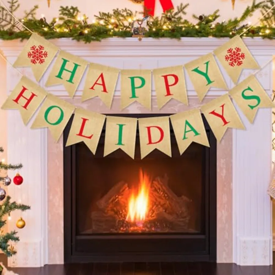 

Pre-Assemble Happy Holidays Banner Burlap, Christmas Banner for Home Office Mantel, Christmas Decorations for Indoor Outdoor De