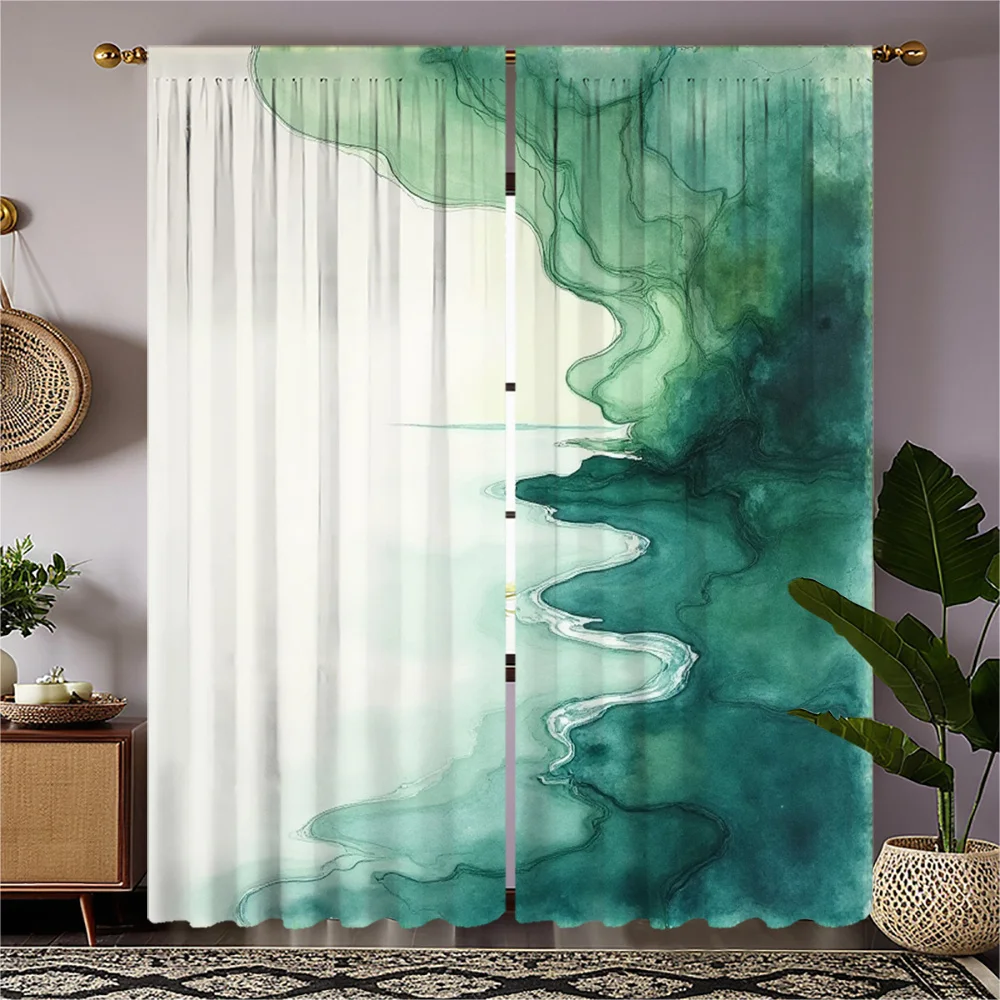 2pcs Window Curtains - Semi-Sheer Privacy Drapes with Green & White Fluid curves, Lightweight Polyester Curtains for Living Room