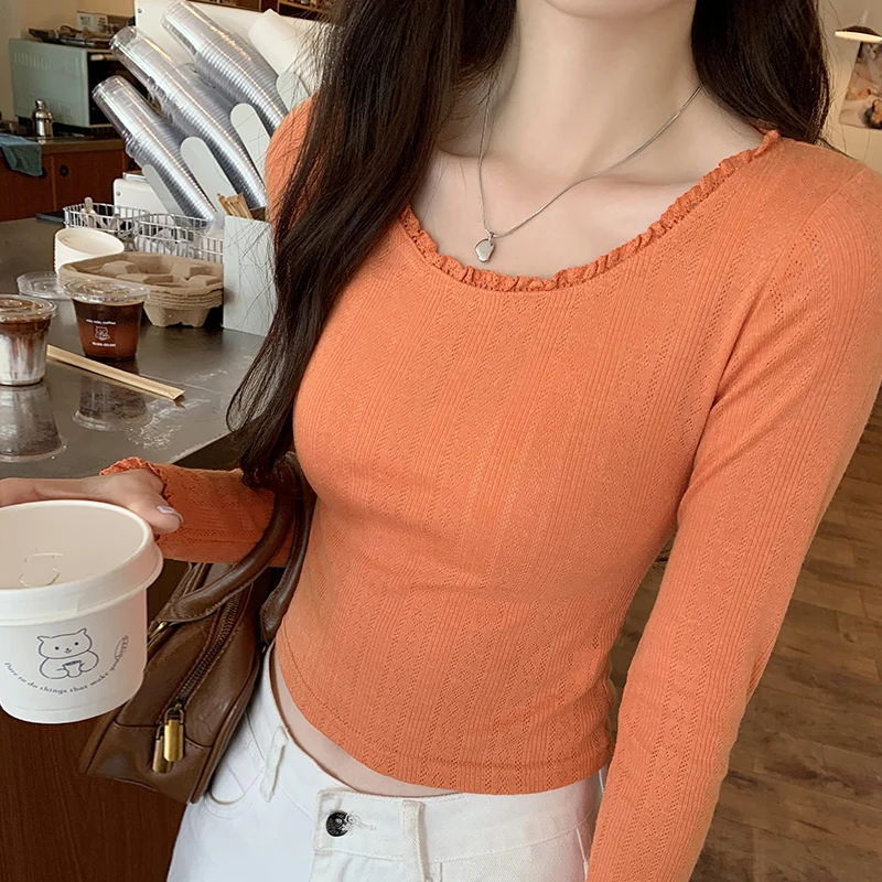 Lace Splicing Round Neck Long Sleeve T-shirt Women Slimming Base Tees Solid Color Temperament Crop Tops