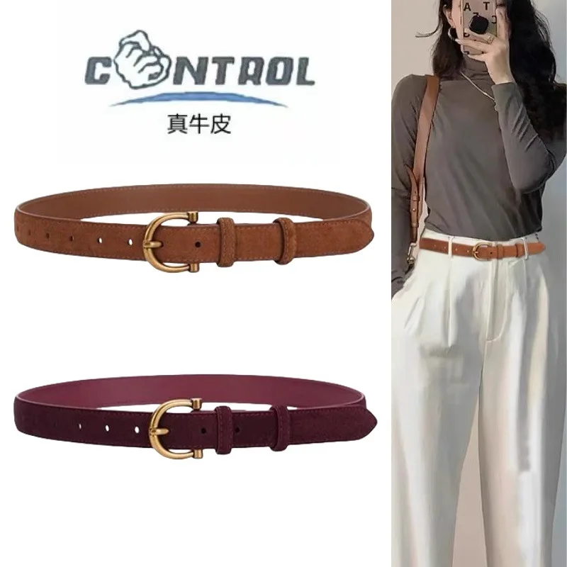 حزام من الجلد الطبيعي، بسيط وعصري، متعدد الاستخدامات وعصري للنساء، مع حزام من الدنيم المزخرف #1