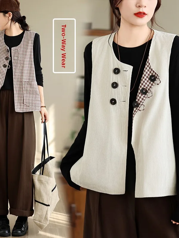 Women's Autumn Winter Two-Sided Wear Sleeveless Three-Season Retro Plaid Corduroy Vest Jacket Fashion Versatile Outdoor Regul...