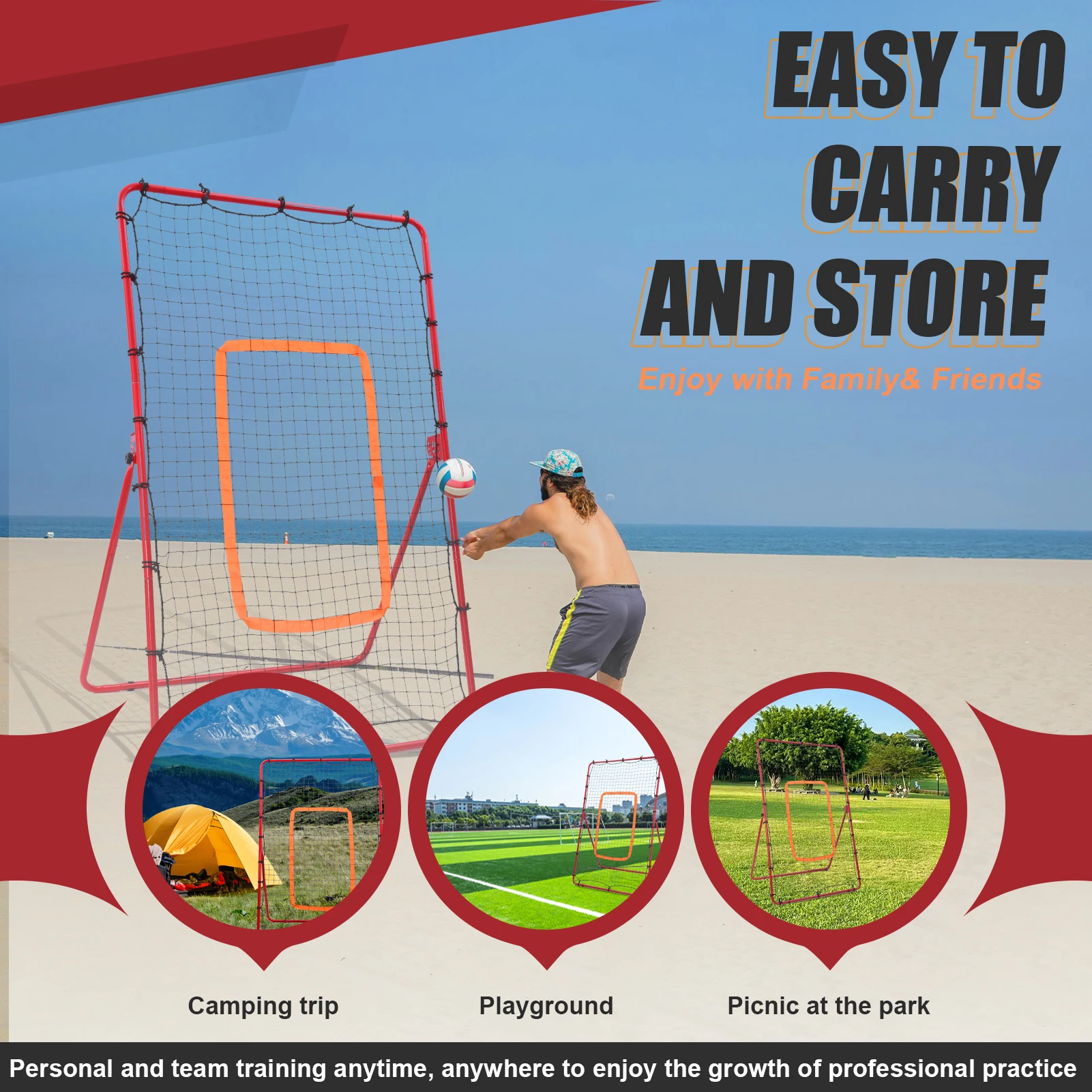Сетка для отскока волейбола, тренировочная сетка для отскока волейбола, тренировочное оборудование для волейбола с 4 регулируемыми углами отскока (красный)