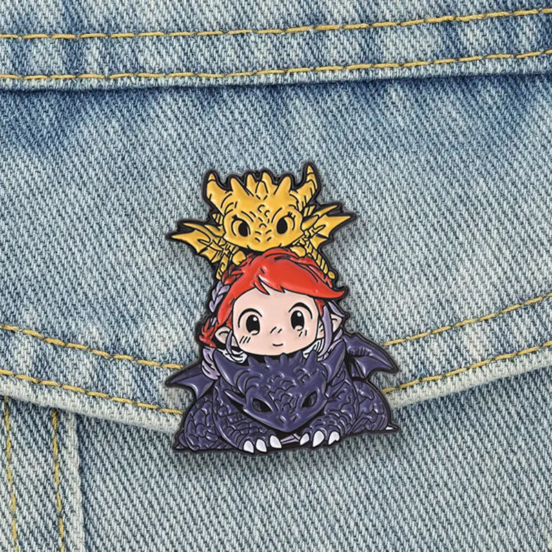 Red-haired child's double dragon-shaped badges,  Fantasy fairy tale character series pins, accessory for clothing bags, gifts
