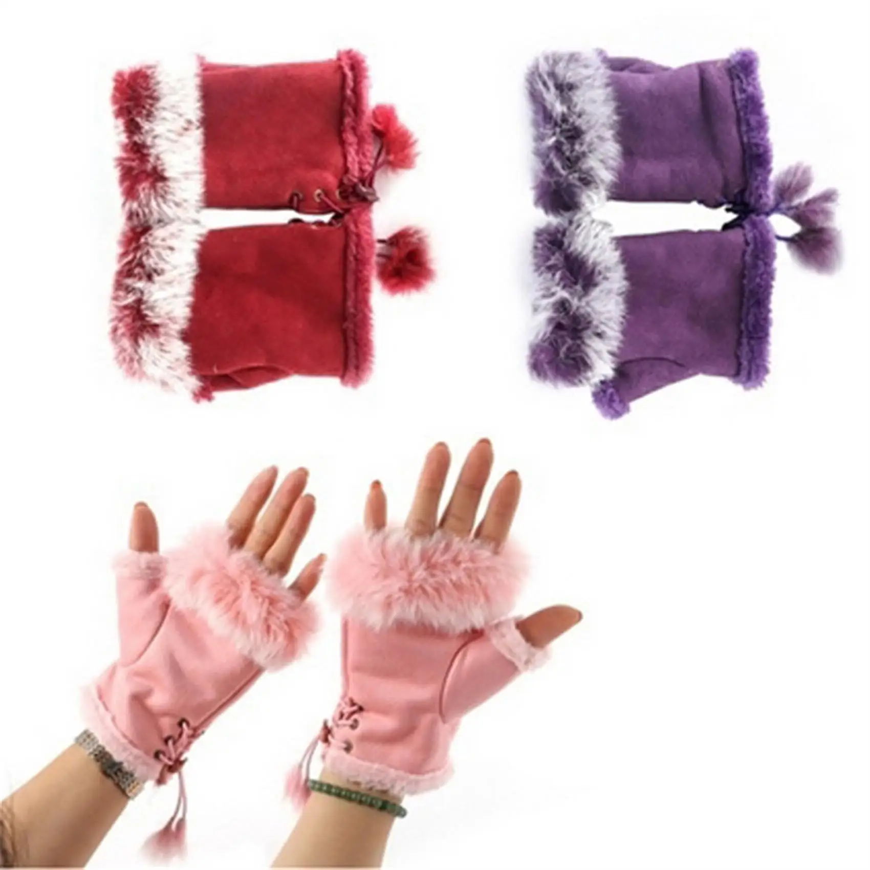 Half Finger Women Mitten Cute Plush/Suede Leather Gloves High Quality Faux Rabbit Hair Wrist Fingerless Mittens For Ladies image 5