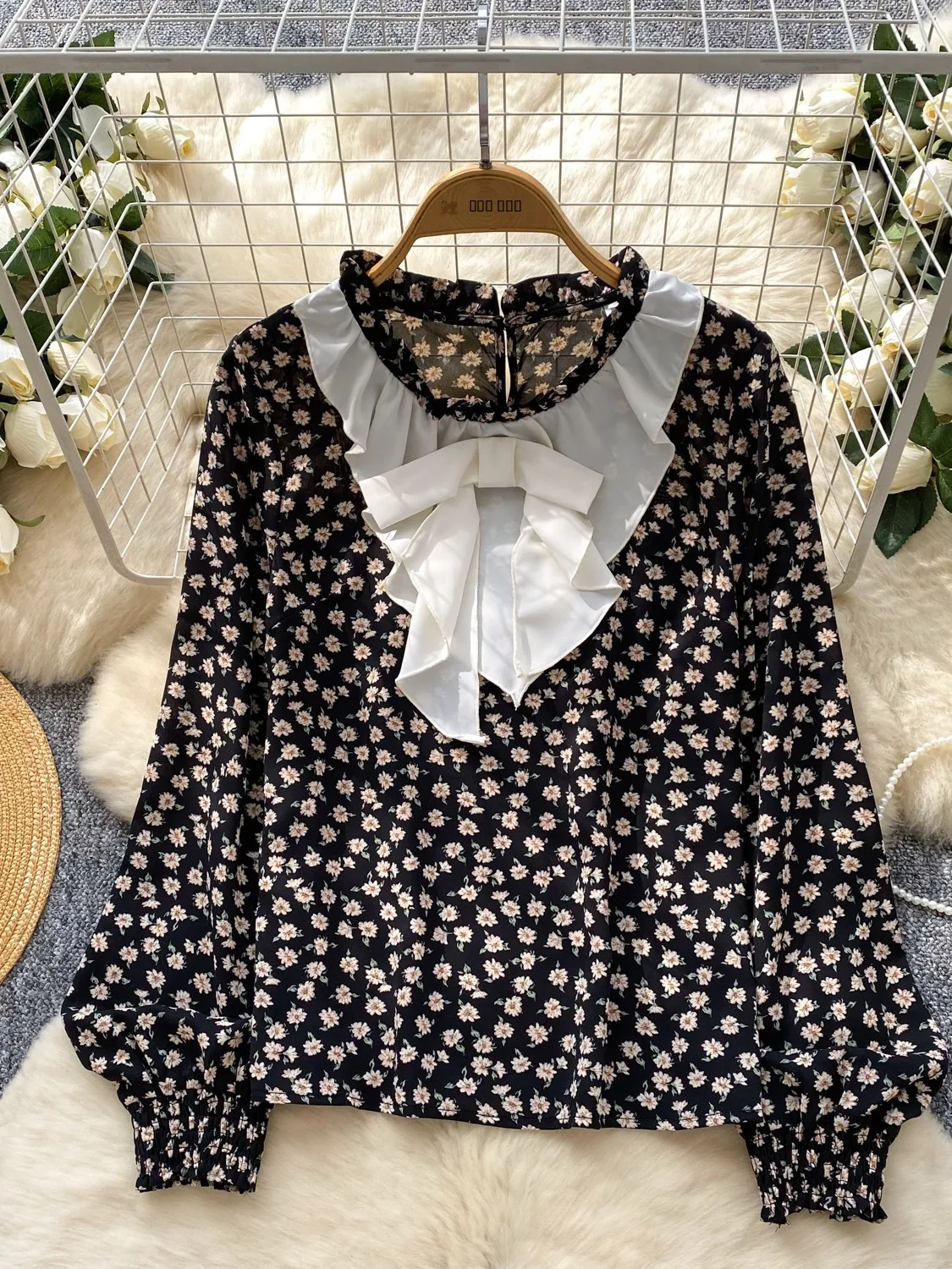 

Ретро Цвет Blo Knot Кружевная отделка Фонарь Све Цветочный irt Женский Повседневный Универсальный Свободный крой Полиэфирное волокно