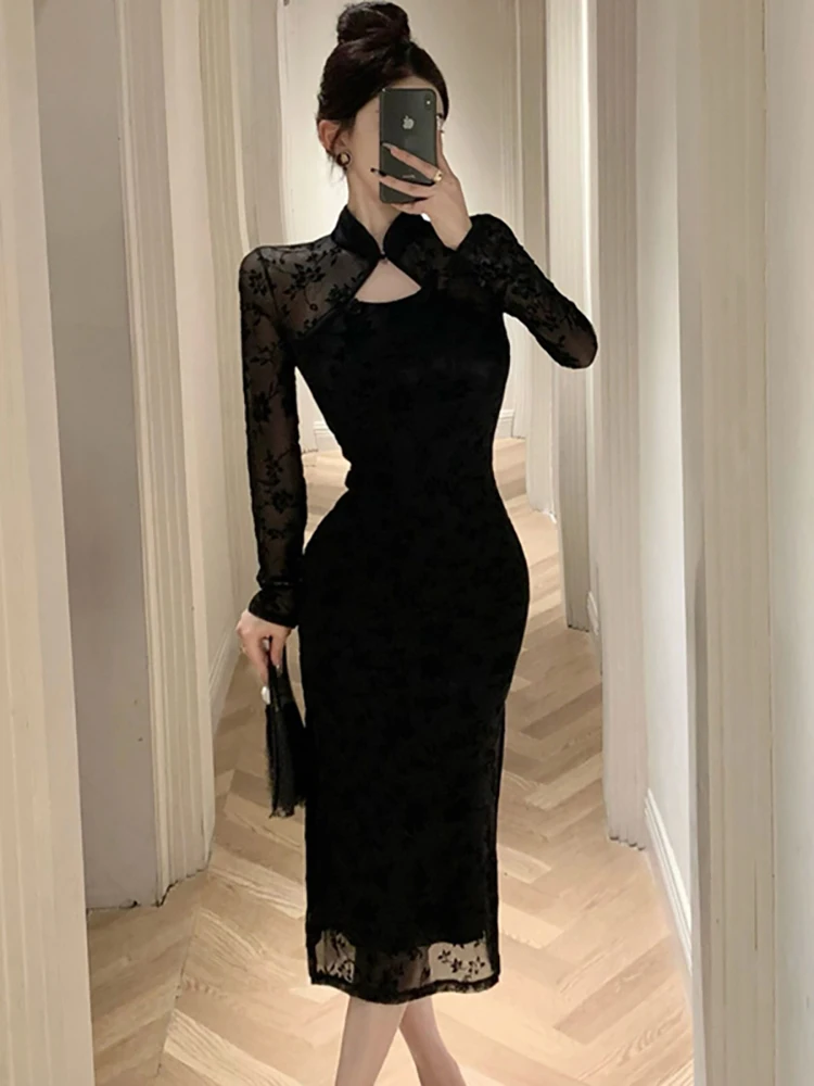 فستان أسود مثير وشفاف مرقع لعام 2025 فستان نسائي أنيق بأكمام طويلة للخريف والشتاء فساتين هيبورن كورية عتيقة #1