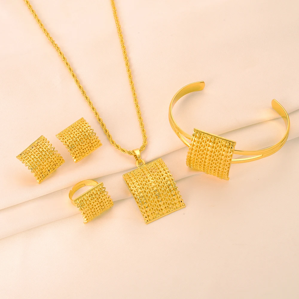 Ethiopian Gold Plated Bridal Jewelry Sets Earrings Ring Bangle Gifts Wedding Jewellery Set For Women view 3
