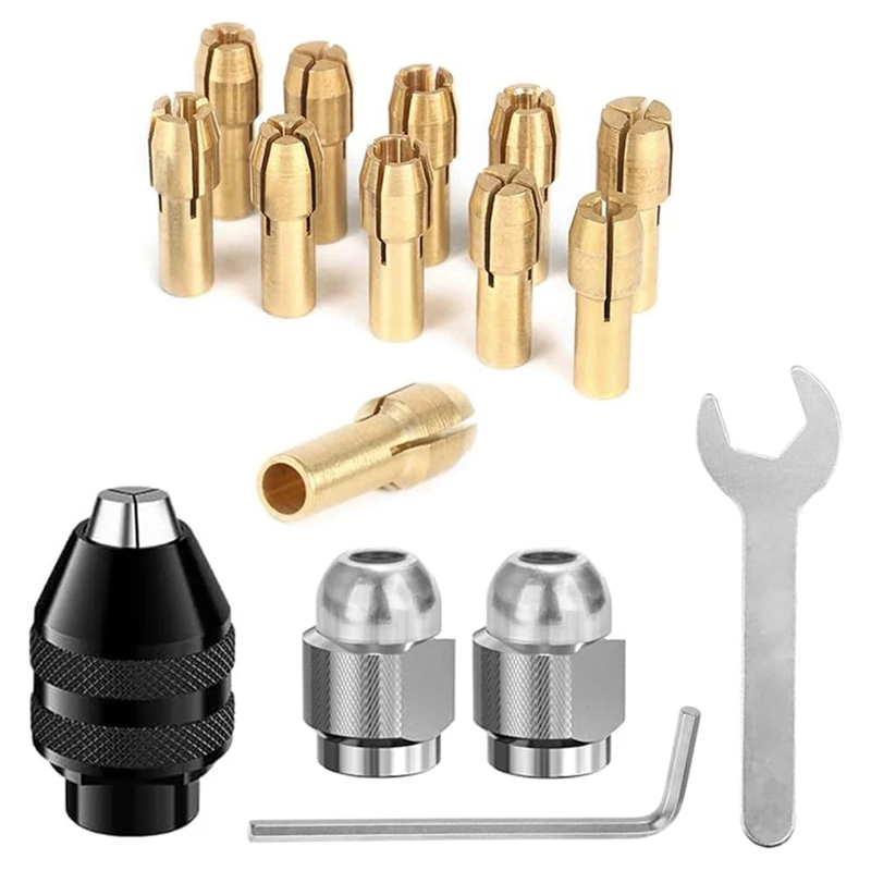 

16PCS Drill Chuck Collet Set, 4486 Keyless Quick Change Chuck Rotary Tool With Replacement 4485 Brass Collet Nut Set