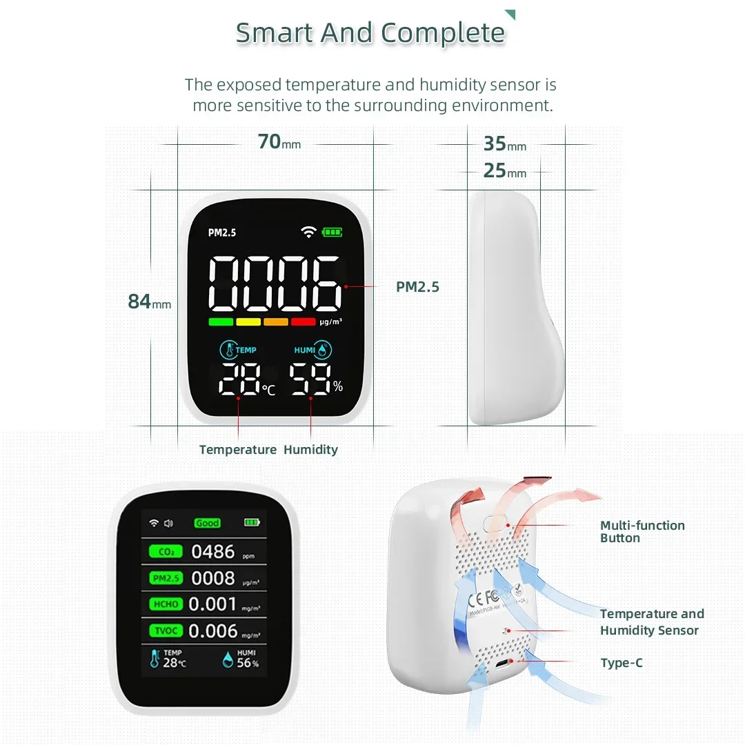 Multifunction Portable WIFI Air Quality Sensor CO2 HCHO PM2.5 Temp Humidity Tester LCD Color Screen Tuya Air Quality Monitor