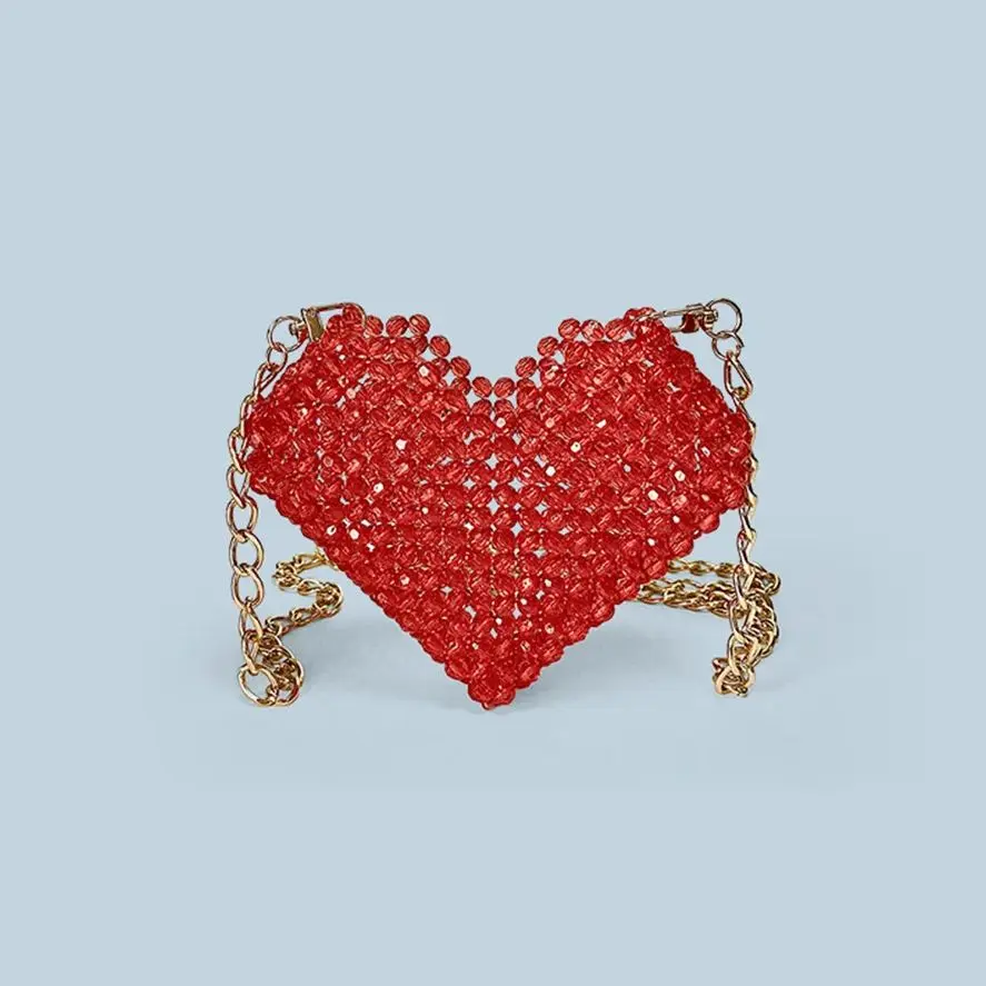 

Red Heart-Shaped Beaded Hollow Out Shoulder Bag Women's Golden Chain Fashion Versatile Casual Mini Woven Handbag Female Bags