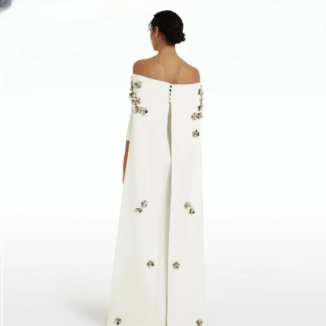 Customized Elegant Off Shoulder Flowers Long Sleeves Evening Party Prom Dresses Gala Strapless Back Cape Backless Floor Length W