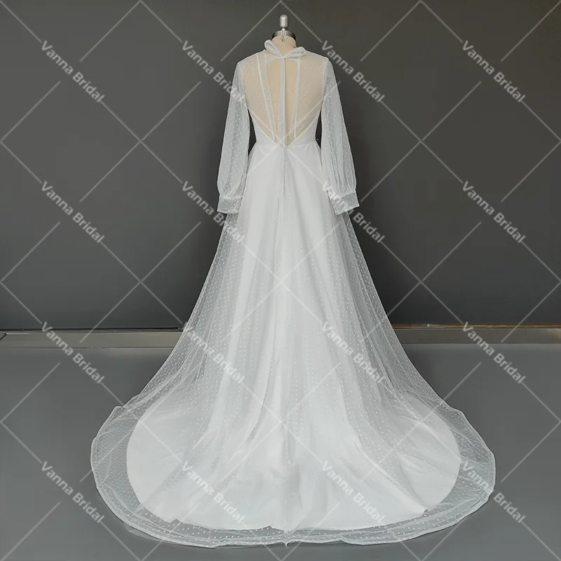 Transparent Tupfen Tüll Hochzeit Kleider Lange Ärmeln Nach Maß 2021 EINE Linie Strand Hohe Split Illusion Boot-ausschnitt Braut kleid