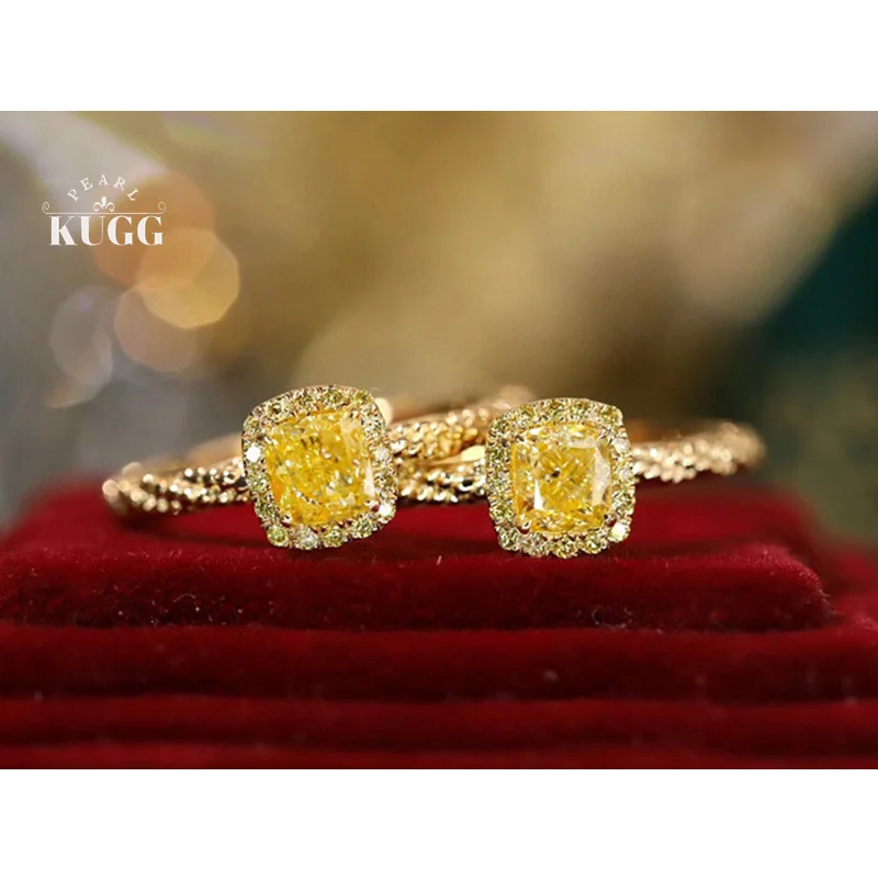 KUGG 18K Yellow Gold Rings Luxury Shiny Design Real Natural Yellow Diamond Engagement Ring for Women High Wedding Jewelry