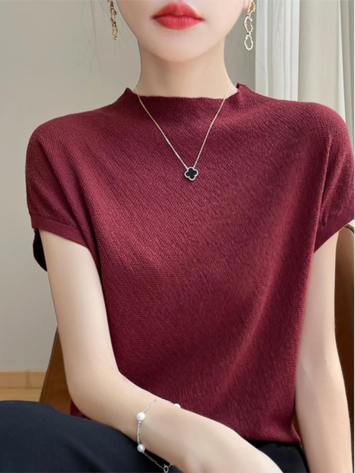 

Ретро-футболка винного цвета с коротким рукавом, женская, универсальная, из ледяного шелка, с высоким воротником, из полиэфирного волокна