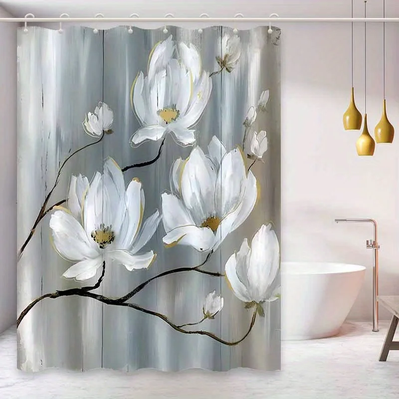 

Простая занавеска для душа с цветочным узором белого магнолии — полиэфирная ткань, можно стирать в машине, с крючками, подходящая для декора ванной комнаты