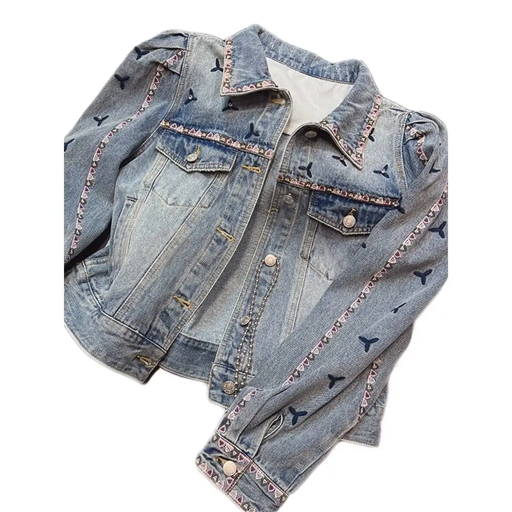 Casual embroidery denim coat women 2024 spring new Vintage single-breasted loose high-grade short jeans jacket female tops T298