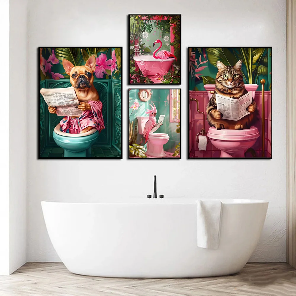 النمط الاستوائي الدوبامين مضحك القط الأسود قراءة صحيفة على المرحاض الملصقات الإبداعية الفن الحديث قماش اللوحة ديكور الحمام #4
