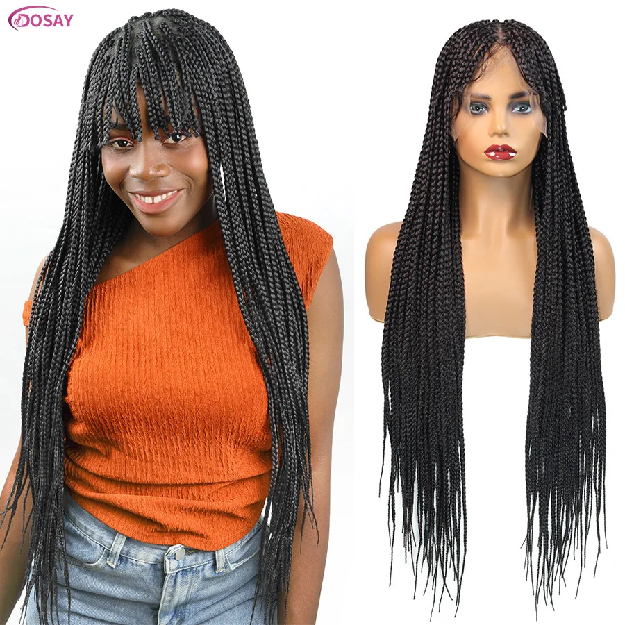 

Синтетический плетеный парик без узлов с челкой, длинные 32 дюйма, косички ручной работы для женщин, тупая челка, дреды, Jumbo Braids