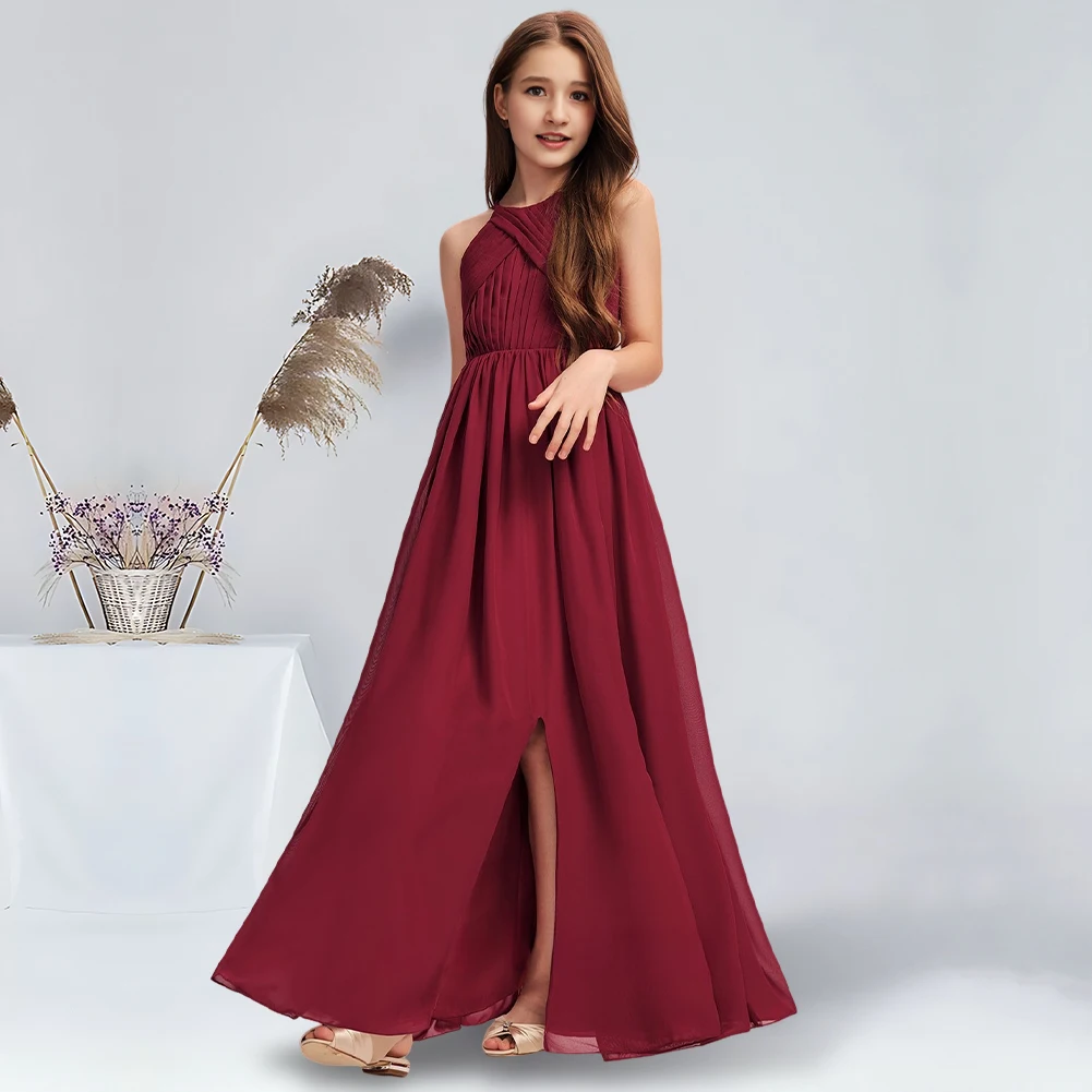 A-line Scoop Floor-Length Chiffon Junior Bridesmaid Dress With Pleated Burgundy Flower Girl Dress for Wedding Communion Dress