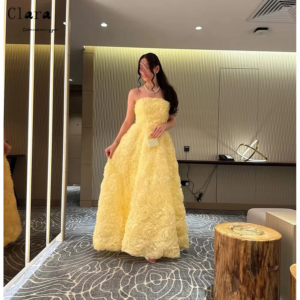 فساتين سهرة أنيقة بدون حمالات على شكل زهرة صفراء مخصصة من كلارا للنساء فستان حفلات أنيق فاخر للنساء