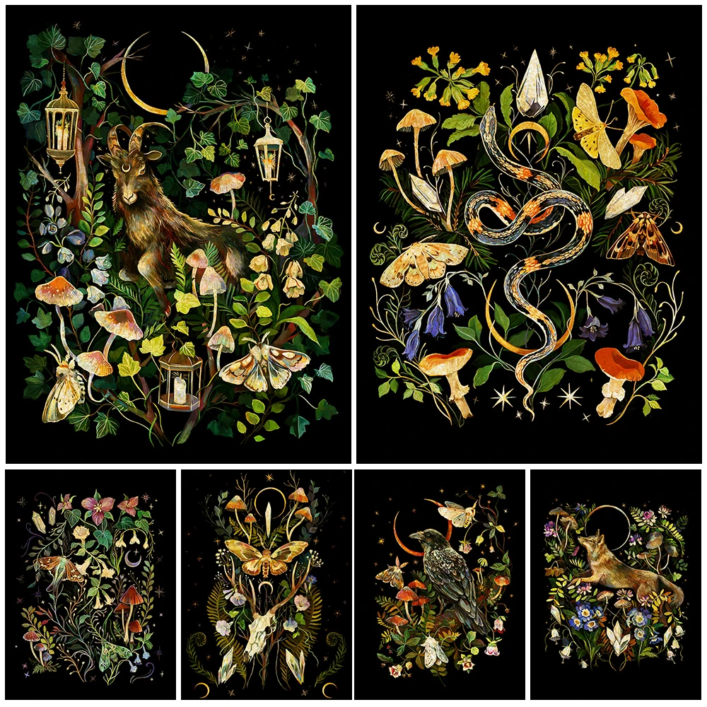 Black Goat Garden And Mushrooms Snake Crystals Abstract Wall Art Canvas Painting Witchcraft Magic Plant And Animal Poster Print