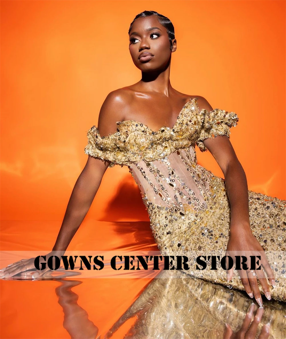 Ashimmer Gold Beaded Off The Shoulder Aso Ebi Luxury Evening Dresses 2024 Corset Mermaid African Wedding Dress Customized