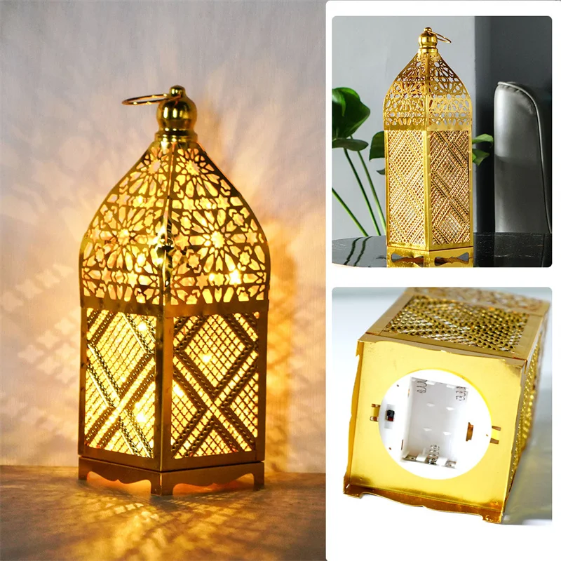 Lampada a vento cava dorata Lanterna in ferro marocchino Tavolo da casa Luce notturna a LED per la decorazione del partito di nozze Eid Mubarak Ramadan Kareem