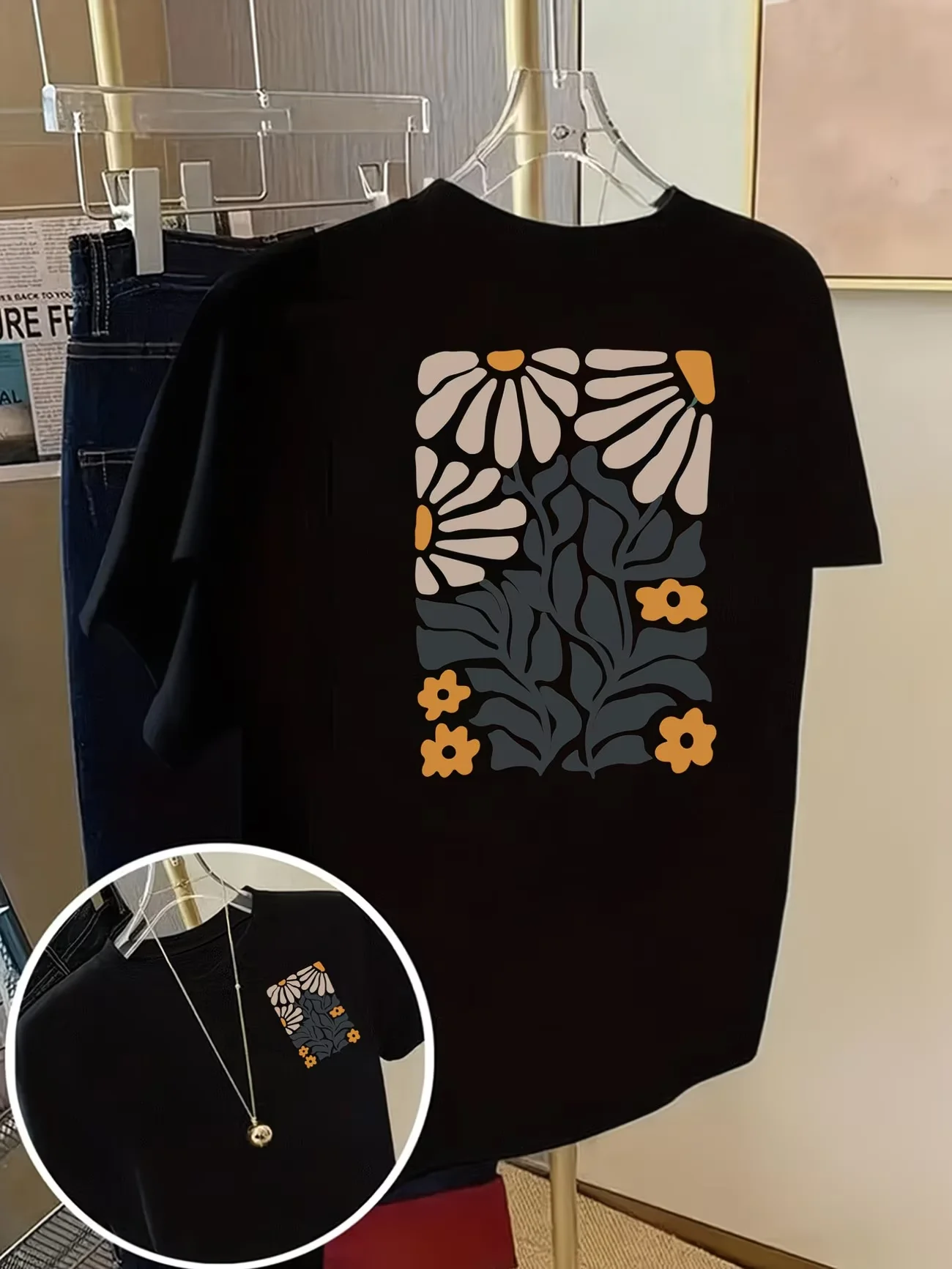 Modern Floral Print T Shirt Double Sided Graphic Tee Summer Fashion Short Sleeve O-Neck Pullover Top Loose Fit Daily Clothing