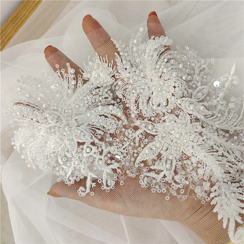 1Pc Cekiny Haftowane Koronkowe Aplikacje Do Sukni Ślubnych Koronkowe Aplikacje Rhinestone Naszywki Haft Ropa 36 * 15CM