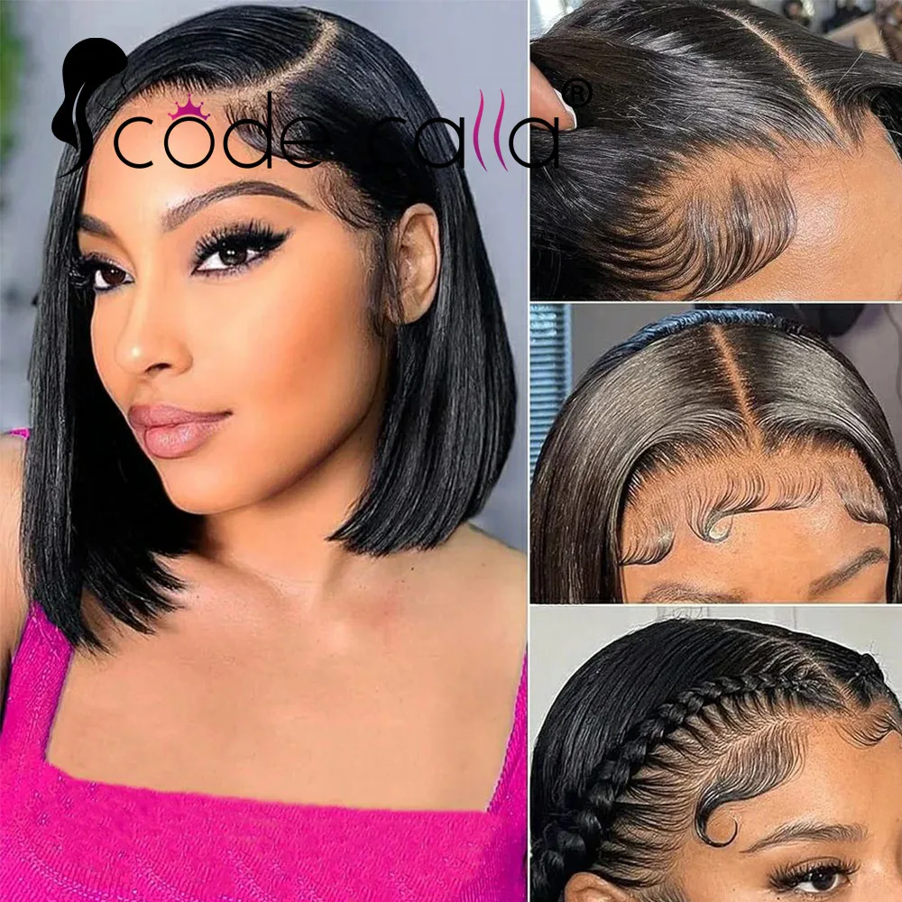 Straight Transparent Short Bob Lace Front Human Hair Wigs Side Part Lace Wigs Human Hair 180% Density Pre Plucked Brazilian Remy