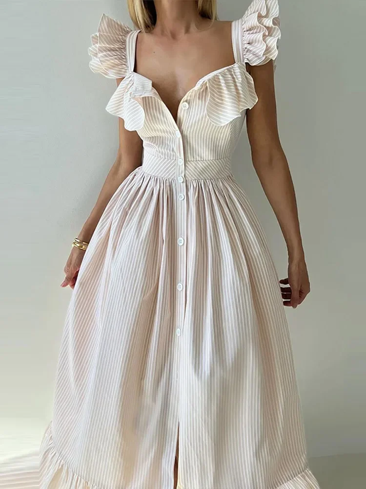 Abito con maniche volanti a balze a righe Abito da donna con vita stretta monopetto Abiti a trapezio Abiti lunghi da donna alla moda chic