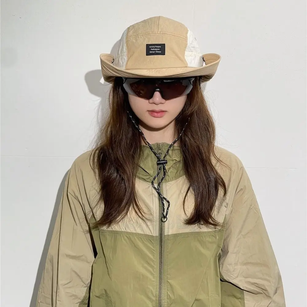 

Fashion Splicing Color Drawstring Fisherman Hat Quick-drying Cotton Wide Brim Sun Hat Sun Protection Anti-UV Hiking Hat Outdoor