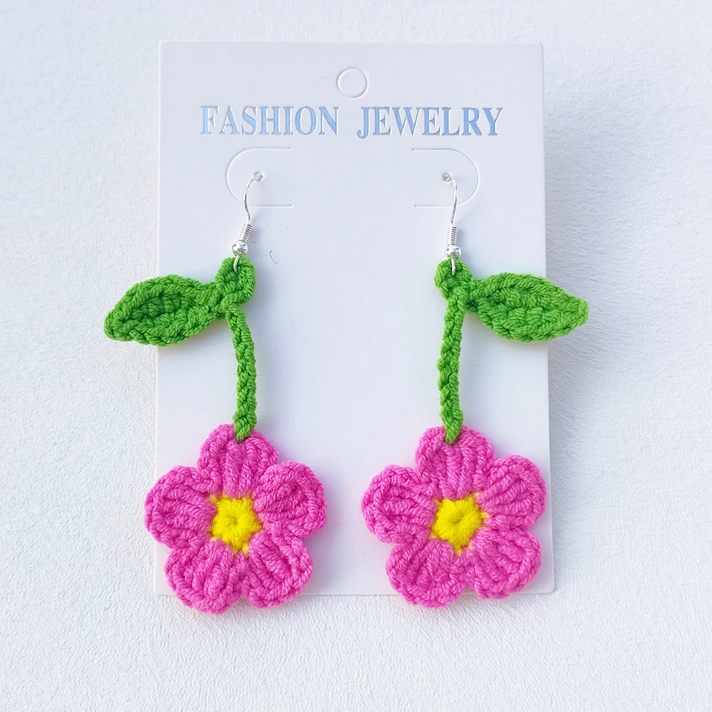 Crochet Fashion Flower Drop Earrings for Women Handmade Knitted Dangle Hooks Earrings Girls Party Holiday Jewelry Gifts