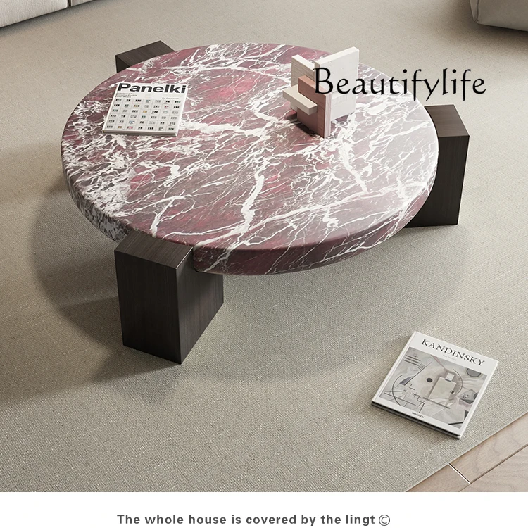 Light luxury marble living room round coffee table household multi-functional solid wood tea table simple modern designer