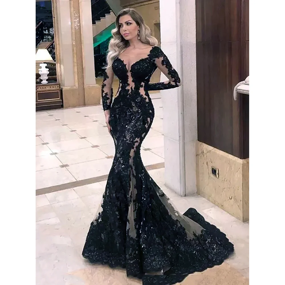 Fashion Lace Appliques Formal Evening Dresses Chic Long Sleeves Black Floor Length Mermaid Party Gowns Custom Made Prom Dresses
